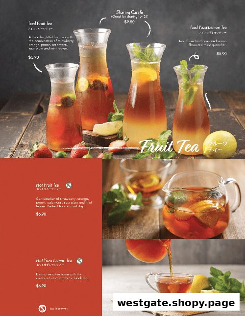 A vibrant menu page showcasing various refreshing fruit teas, both iced and hot, with prices.