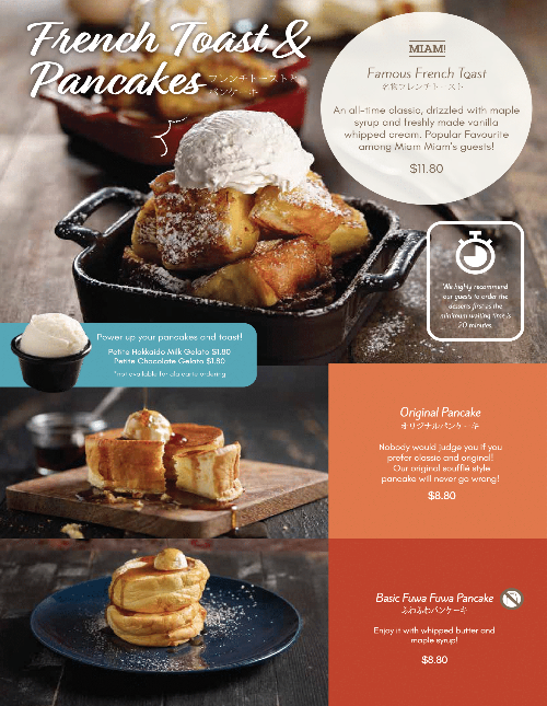 A menu page showcasing various French toast and pancake dishes with prices and descriptions.
