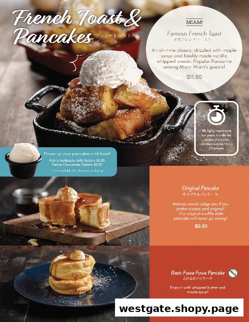 A menu page showcasing various French toast and pancake dishes with prices and descriptions.