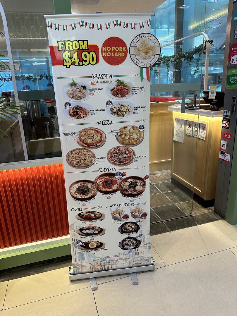 A pull-up banner displaying Milan Shokudo's menu with various pasta, pizza, doria, grill, and appetizer options.