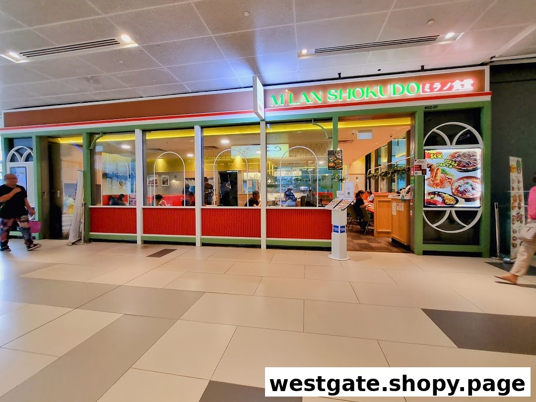 Exterior view of Milan Shokudo restaurant with its vibrant green and red facade and visible interior.
