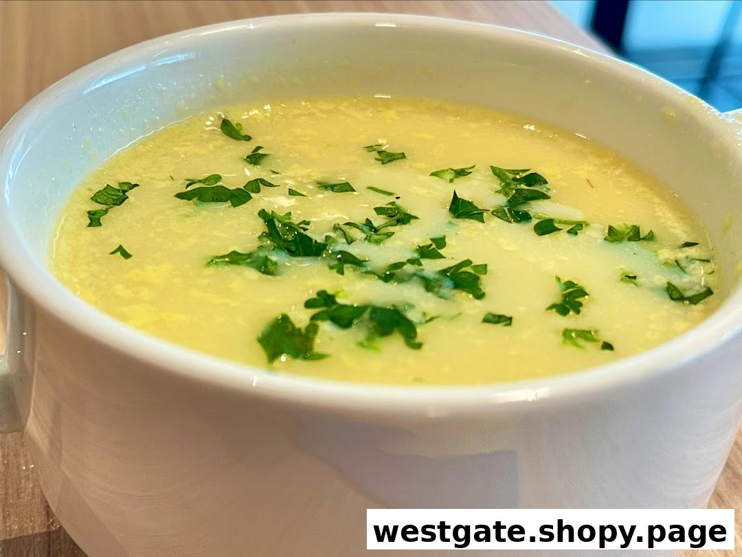A close-up of a creamy yellow soup garnished with fresh green herbs in a white mug.