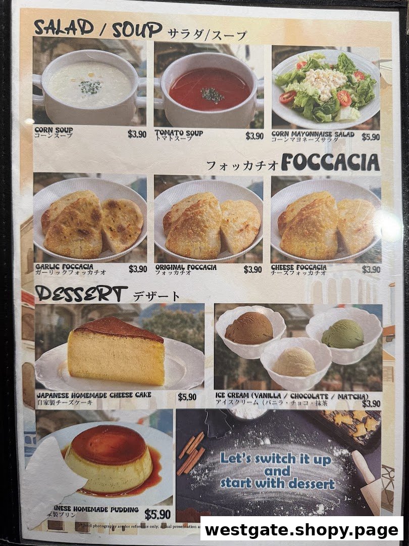 A menu displaying various salads, soups, focaccia, and desserts with prices from Milan Shokudo.