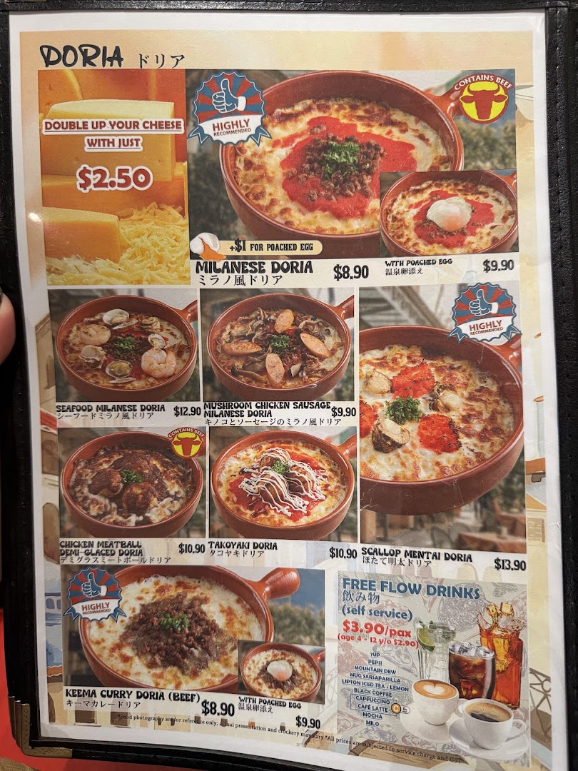 A detailed menu page from Milan Shokudo showcasing various Doria dishes and free-flow drinks.