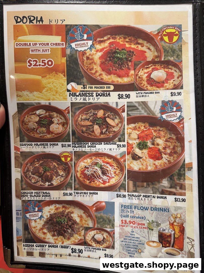 A detailed menu page from Milan Shokudo showcasing various Doria dishes and free-flow drinks.
