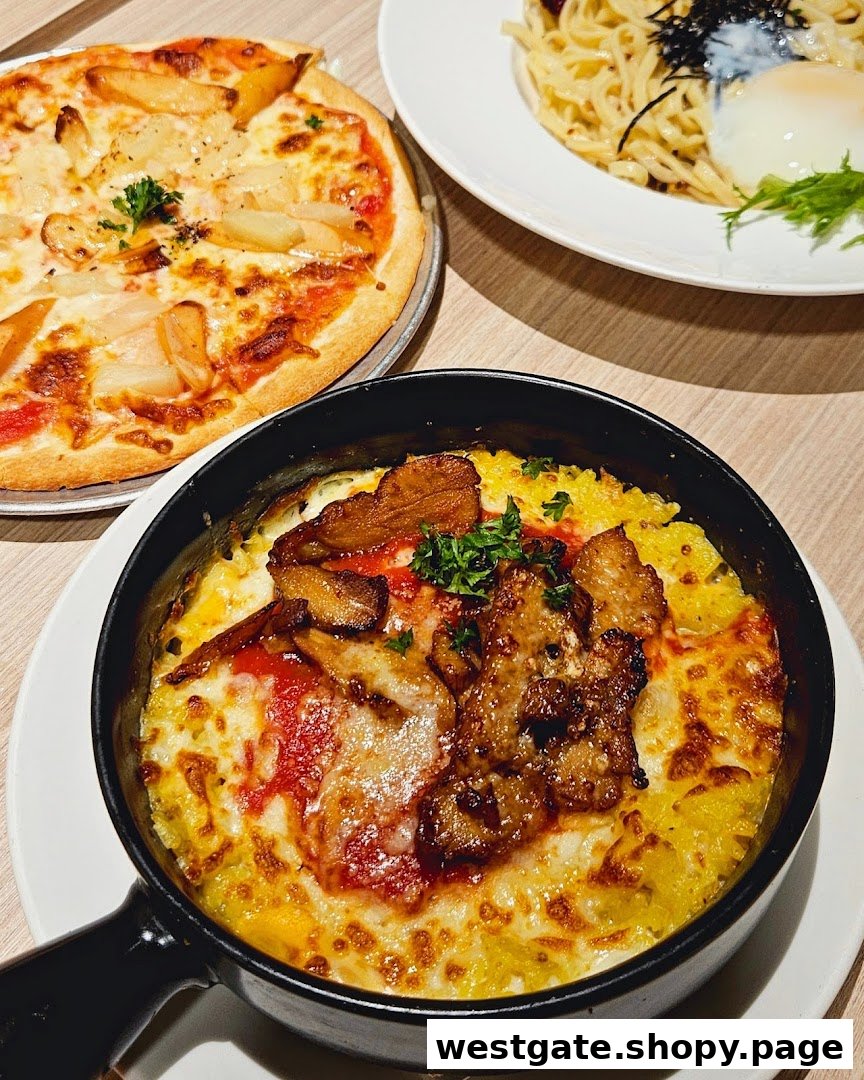 A delicious spread of Italian-Japanese fusion dishes, including pizza, baked rice, and pasta.