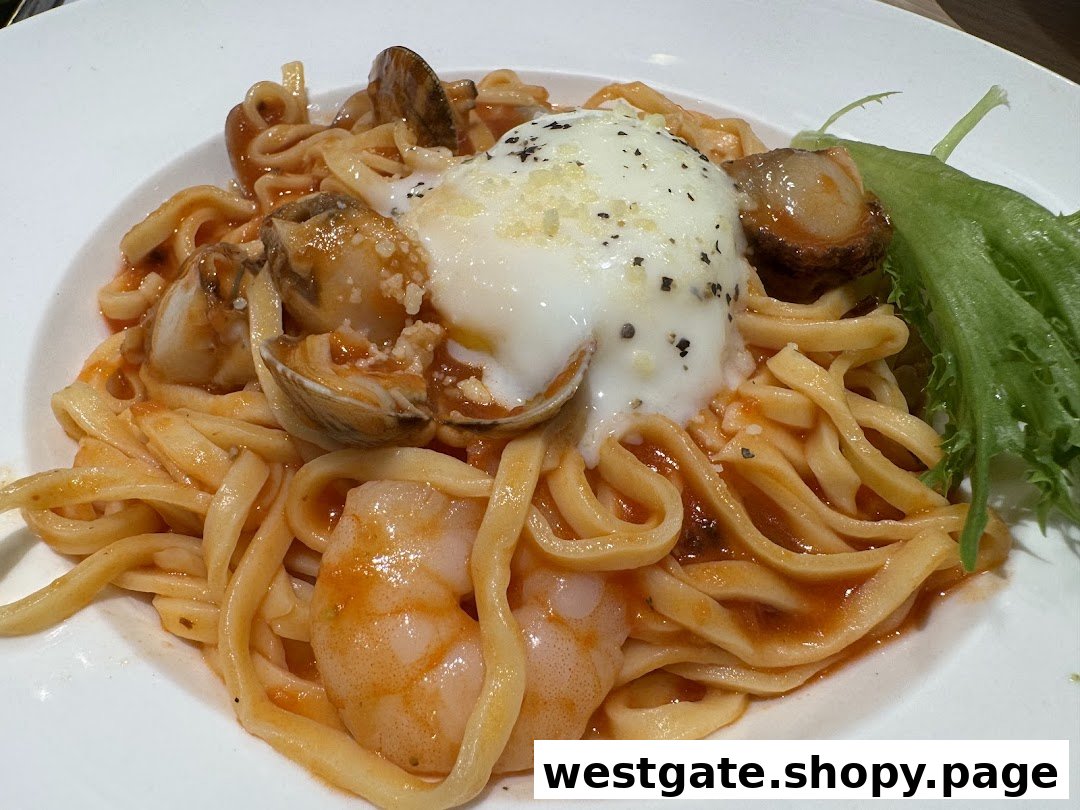 Close-up of a delicious seafood pasta dish with shrimp, clams, and a poached egg.