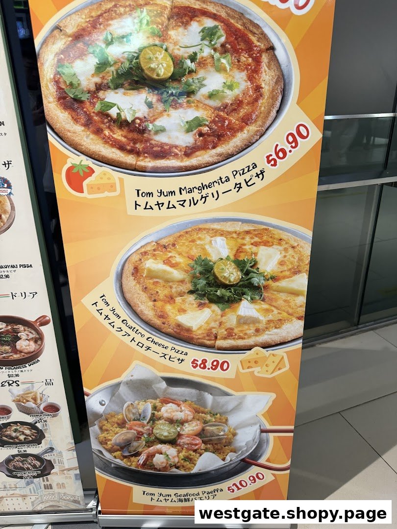 A vibrant menu display showcasing unique Tom Yum flavored pizzas, paella, and other Japanese-Italian fusion dishes.