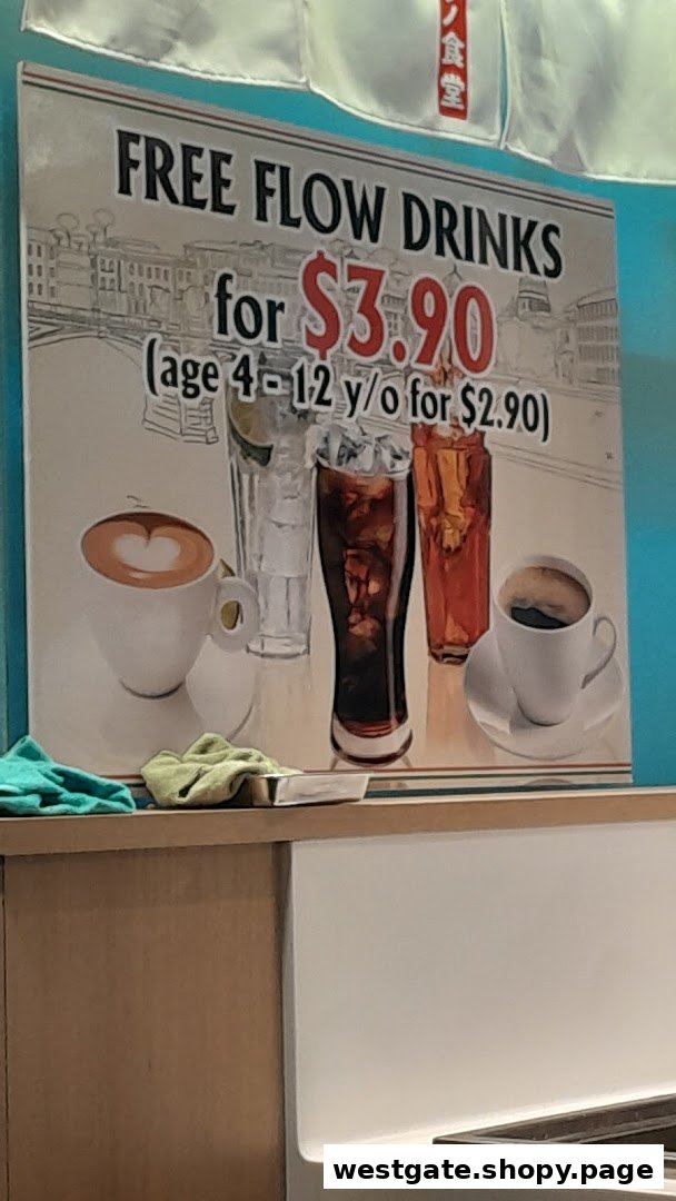 A sign advertising free-flow drinks for $3.90, with a children's price of $2.90.