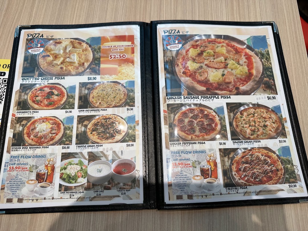 A detailed menu displaying various pizza options, drinks, salads, and soups from Milan Shokudo.