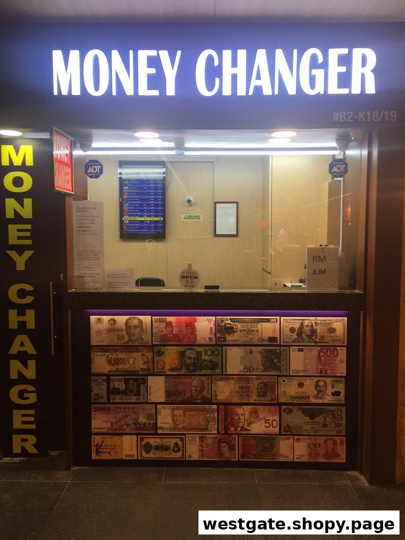The brightly lit shop front of a money changer, featuring a display of various international banknotes.