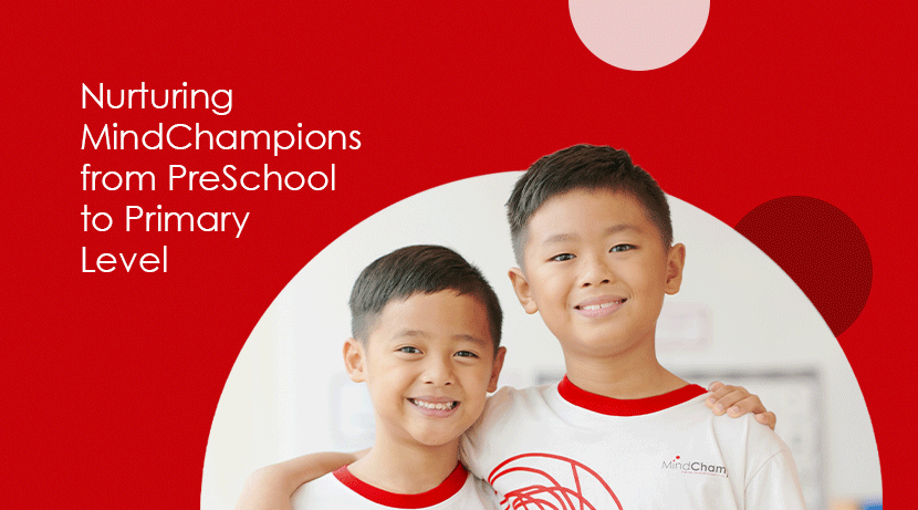 Two smiling children with text promoting MindChamps' educational programs for preschool to primary levels.