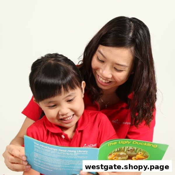 A teacher and child in red shirts happily read 'The Ugly Duckling' book.
