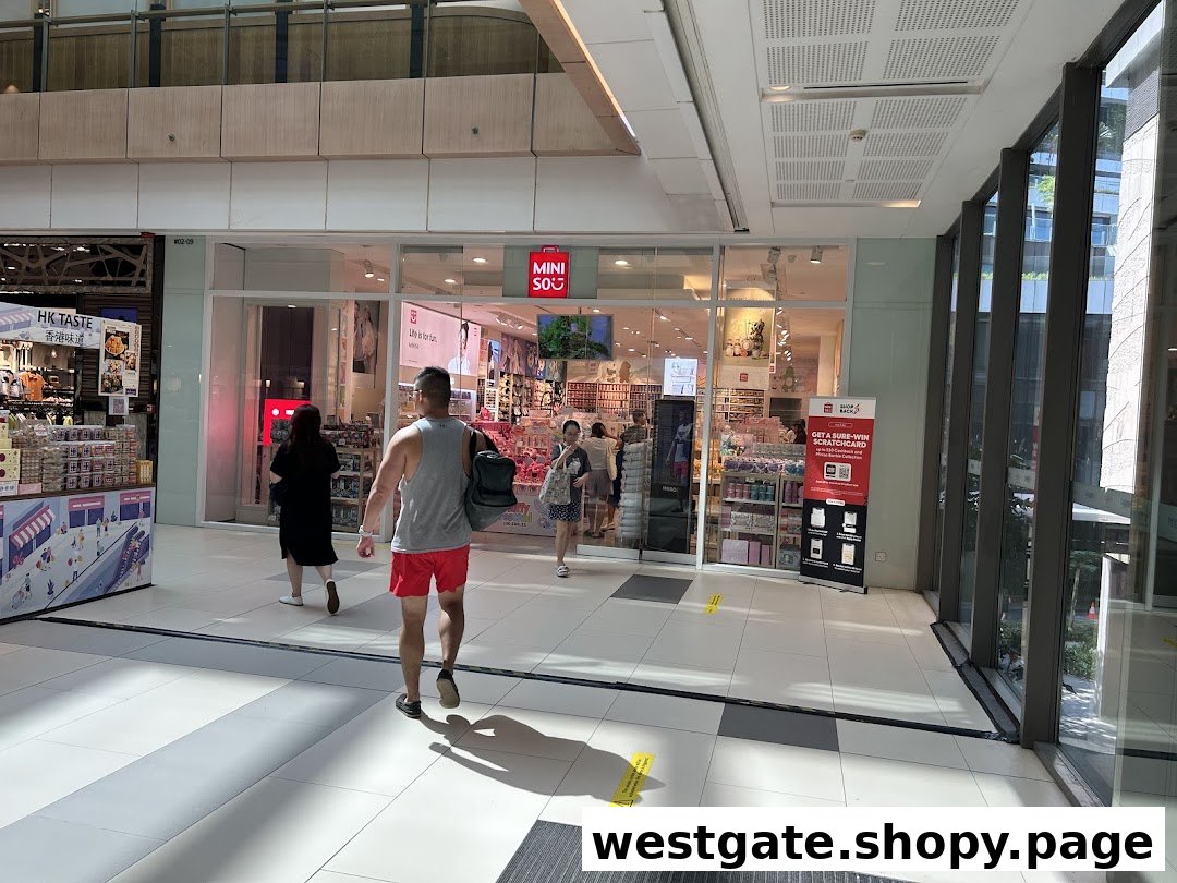 The MINISO Westgate shop entrance with shoppers entering and browsing its diverse product range.