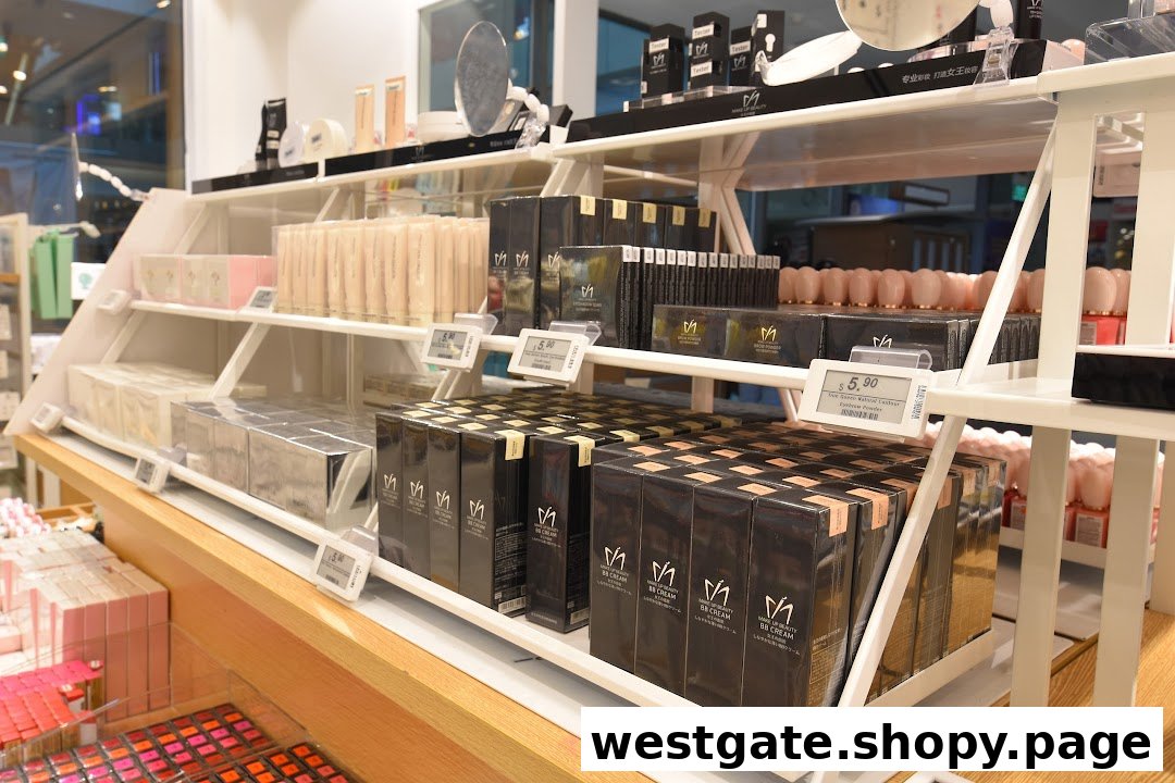 Shelves displaying a variety of beauty and cosmetic products, including BB creams and eyebrow powders, inside MINISO.