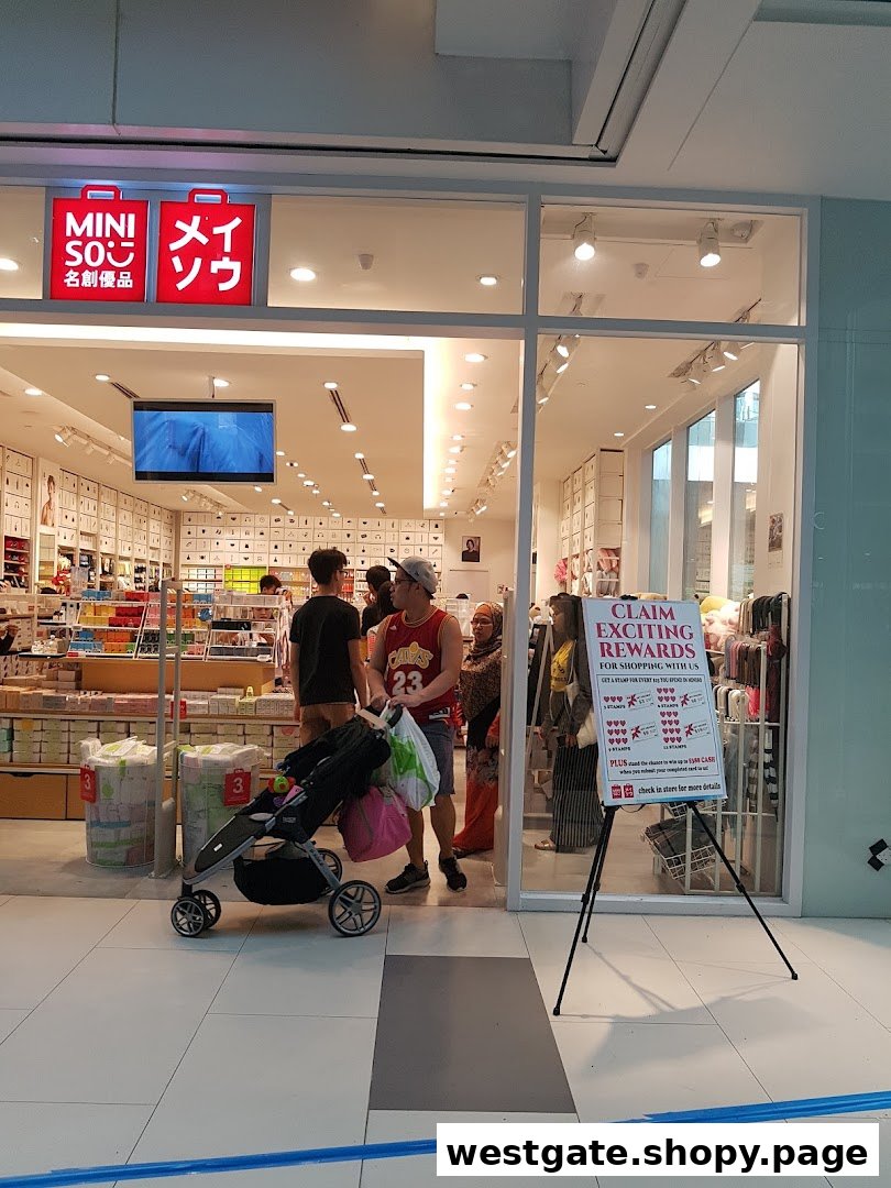 The bright entrance of MINISO Westgate, showcasing its diverse range of affordable lifestyle products and a promotional sign.