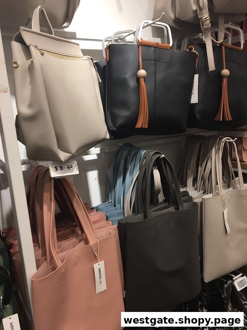 A vibrant display of MINISO's trendy handbags and backpacks in various colors and styles.