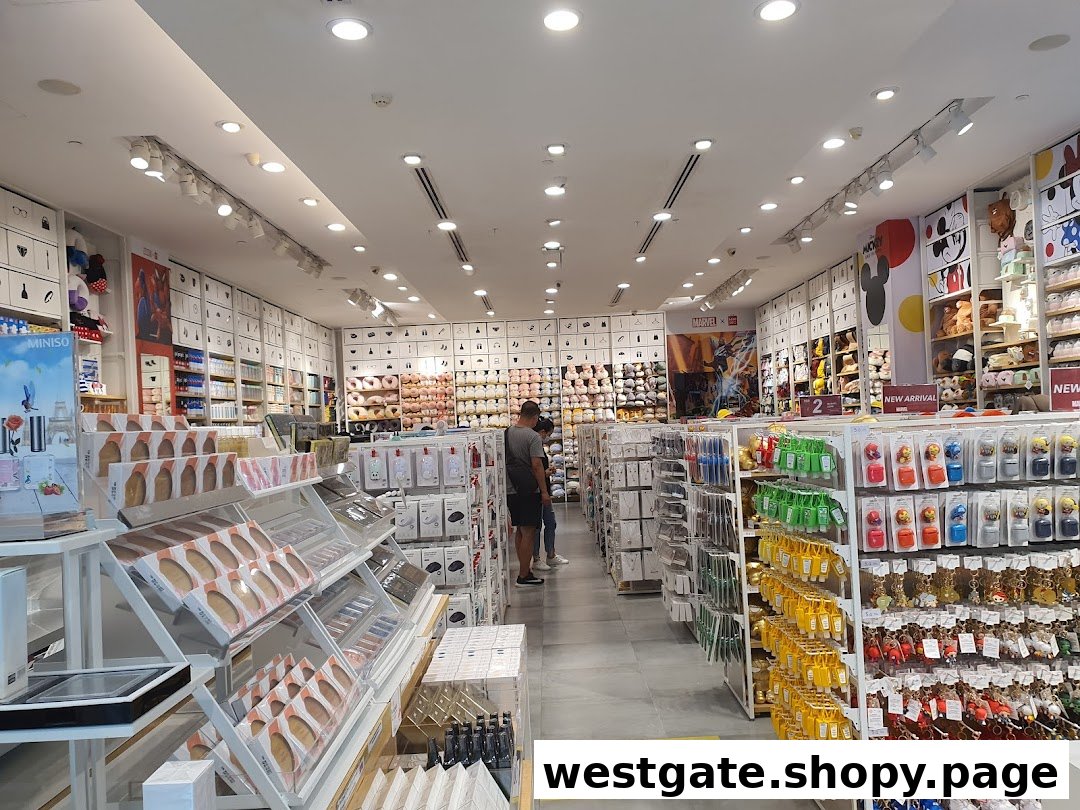 An interior view of MINISO Westgate, showcasing a wide array of lifestyle products, plush toys, and accessories on well-lit shelves.