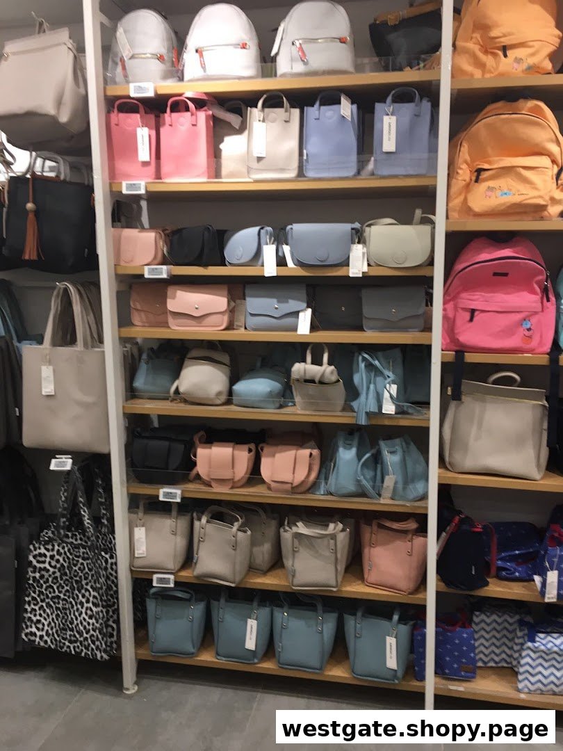 Shelves at MINISO Westgate displaying a wide variety of colorful and stylish bags and backpacks.