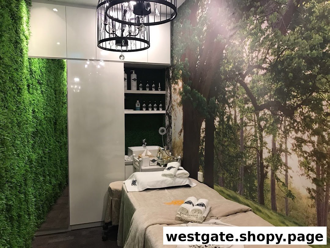 A serene aesthetic treatment room featuring a comfortable bed, green wall, and a calming forest mural.