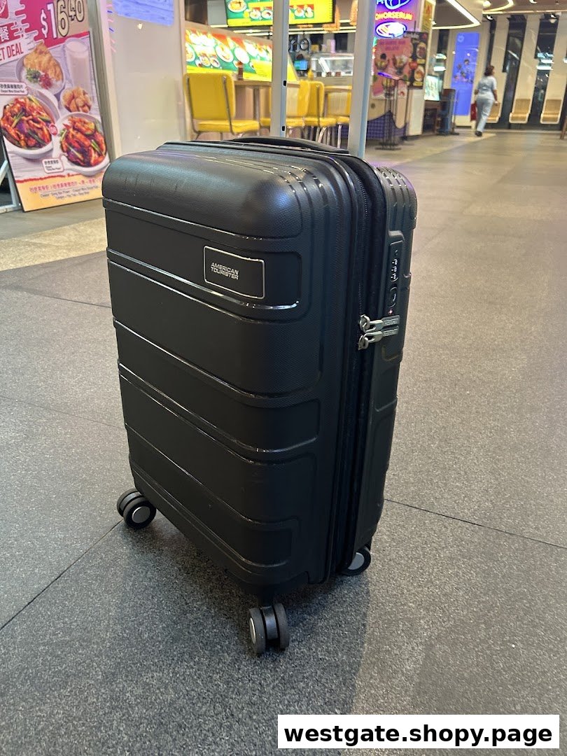 A black American Tourister suitcase stands on a tiled floor within a bustling shopping mall.