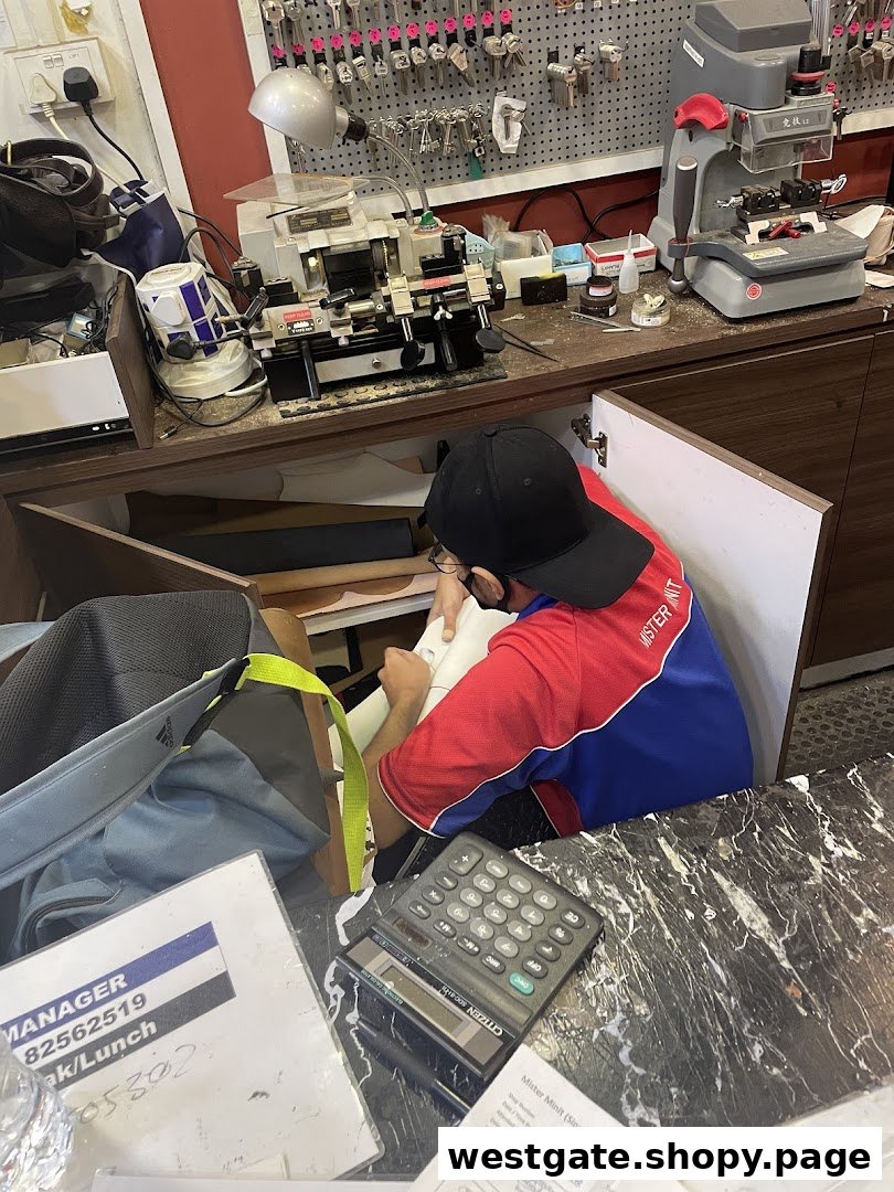 A Mister Minit staff member works at a counter with key cutting and repair equipment.
