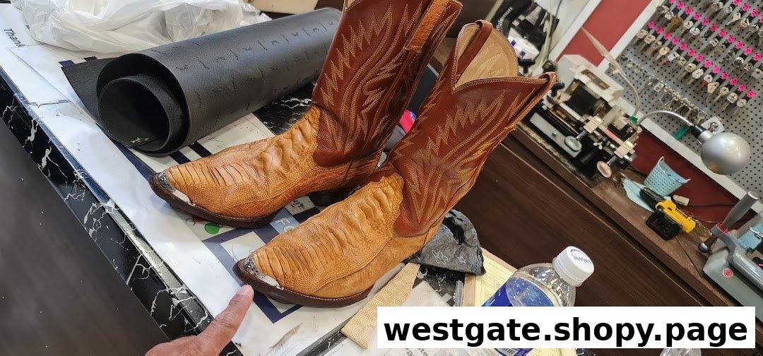 A pair of cowboy boots on a counter at Mister Minit, with key cutting equipment visible in the background.