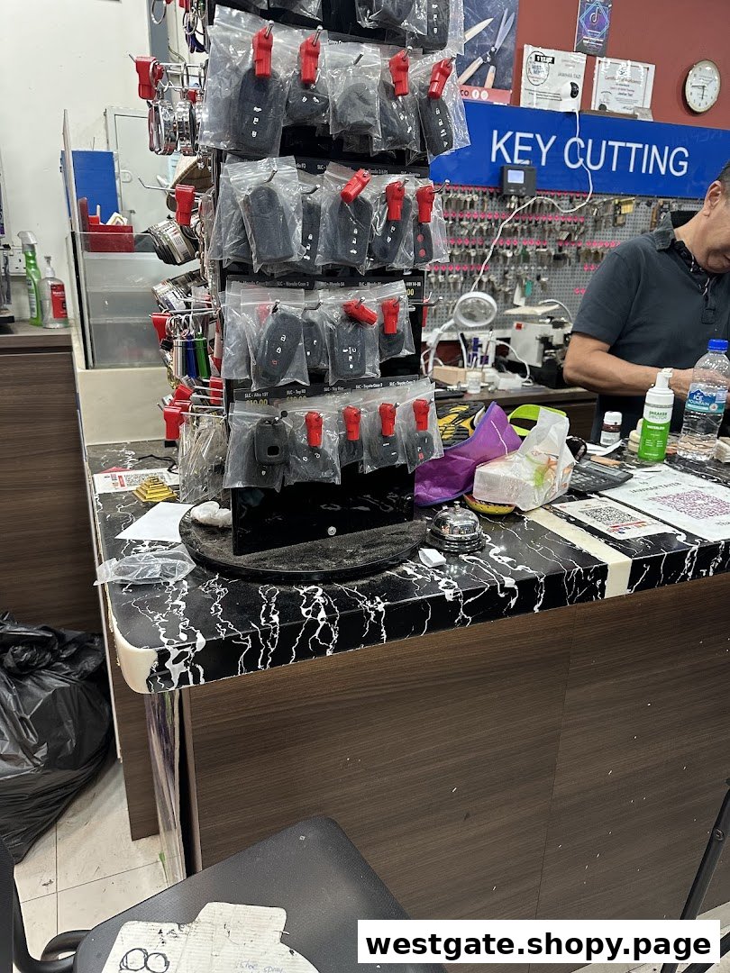 Interior view of Mister Minit counter, showing key fobs, a 'KEY CUTTING' sign, and a staff member.
