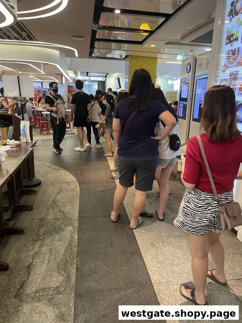People are seen in a bustling mall food court area, with some appearing to queue.