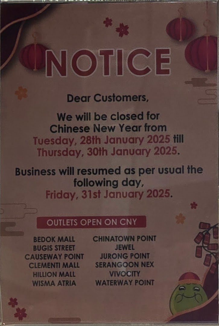 A notice from Mr. Coconut detailing Chinese New Year closure dates and a list of outlets that will remain open.