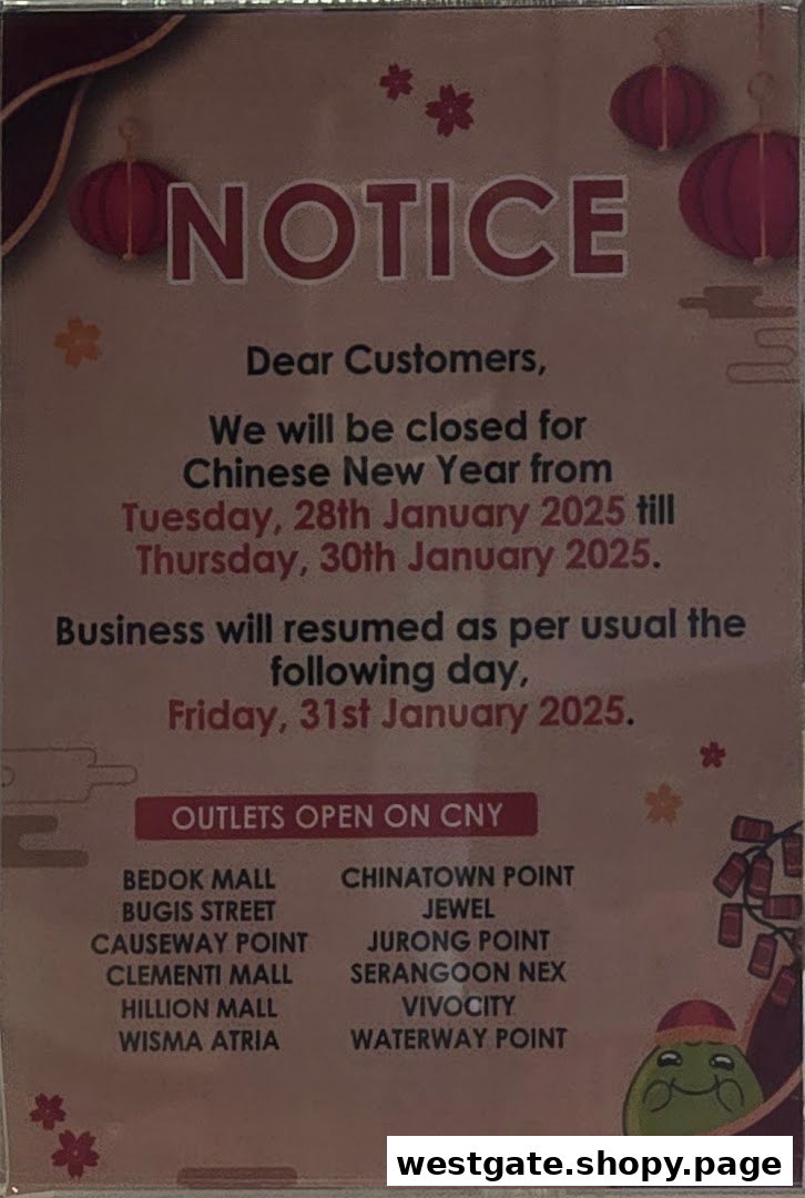 A notice from Mr. Coconut detailing Chinese New Year closure dates and a list of outlets that will remain open.