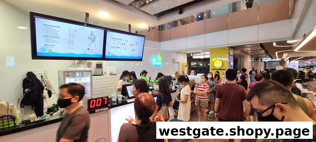A bustling Mr. Coconut shop with customers queuing for refreshing coconut-based drinks and desserts.