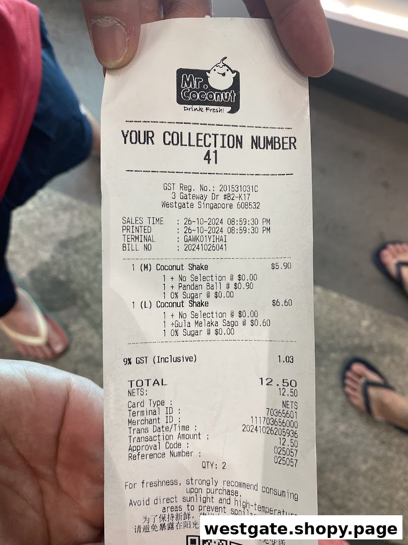 A close-up of a Mr. Coconut receipt showing purchased items and prices.