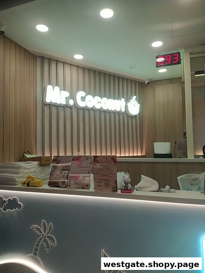 Interior view of the Mr. Coconut shop counter with its illuminated logo and a digital queue number display.