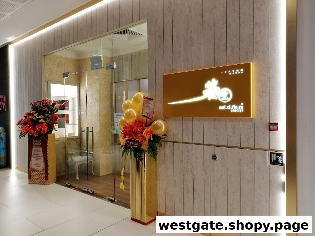 The elegant entrance of Multiflora TCM Spa, adorned with floral arrangements and golden balloons.