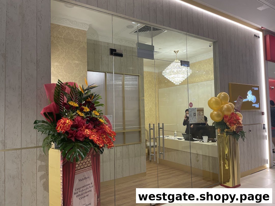 The elegant glass entrance of Multiflora TCM Spa, decorated with festive floral arrangements and balloons.
