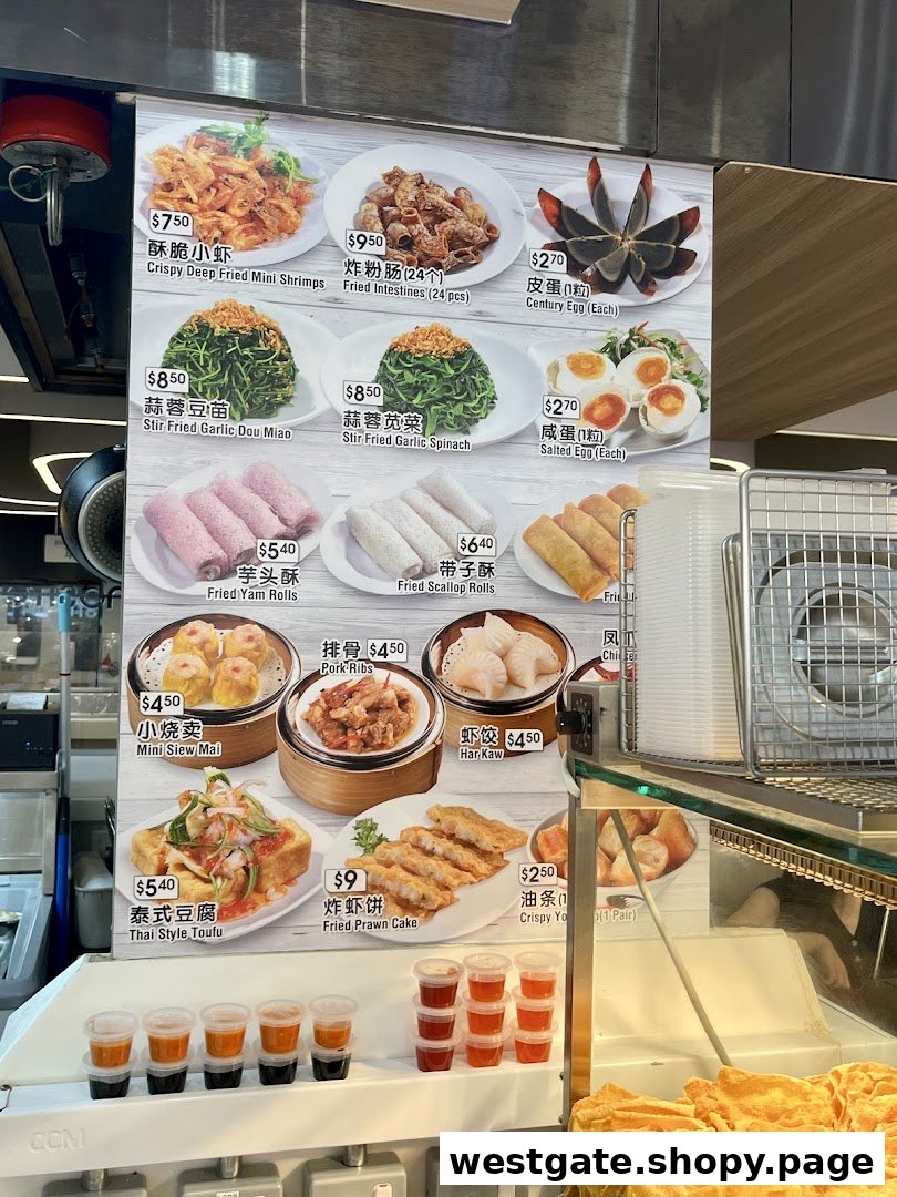 A vibrant menu board displaying various Chinese dim sum, fried snacks, and side dishes with prices.