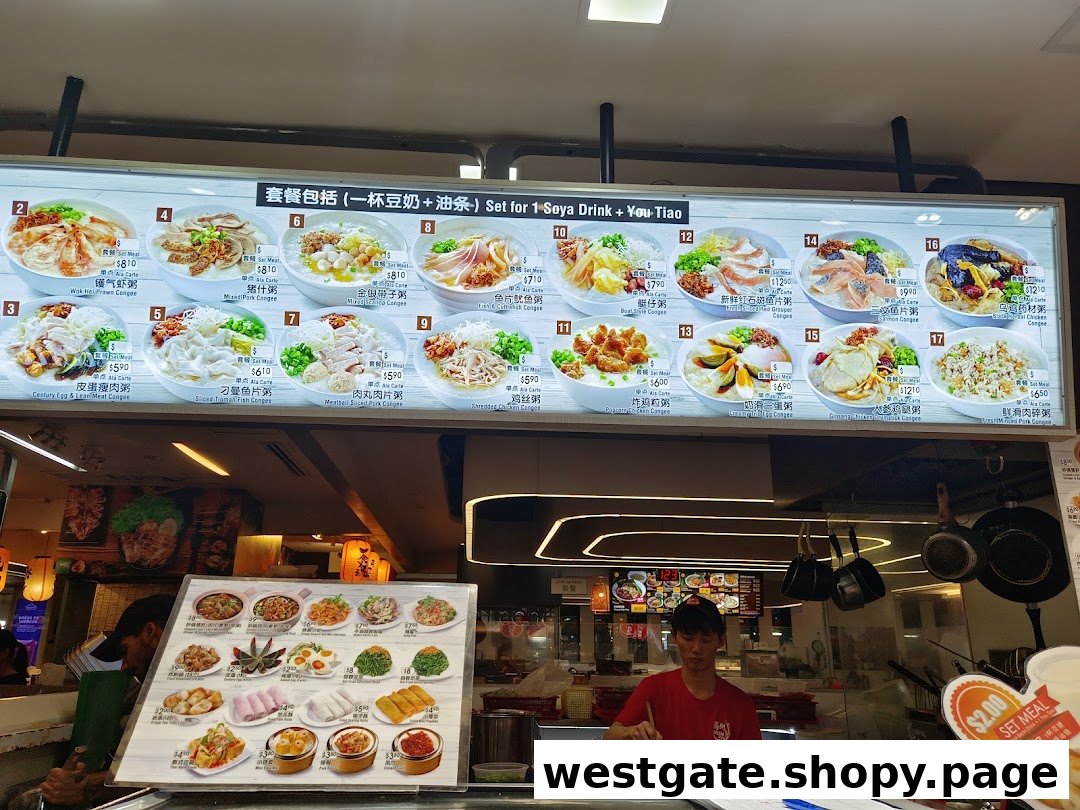 A comprehensive menu board displaying various congee options and side dishes at Mun Zuk Westgate.