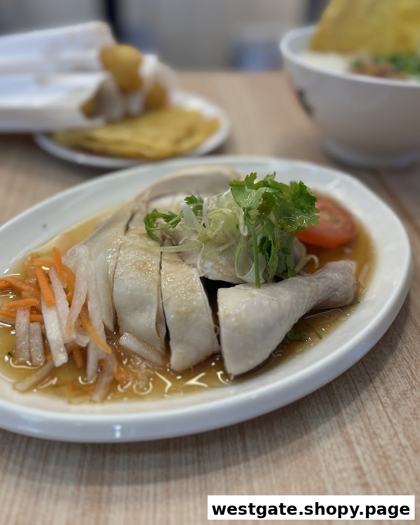 A close-up of a delicious plate of poached chicken with sauce and vegetables.