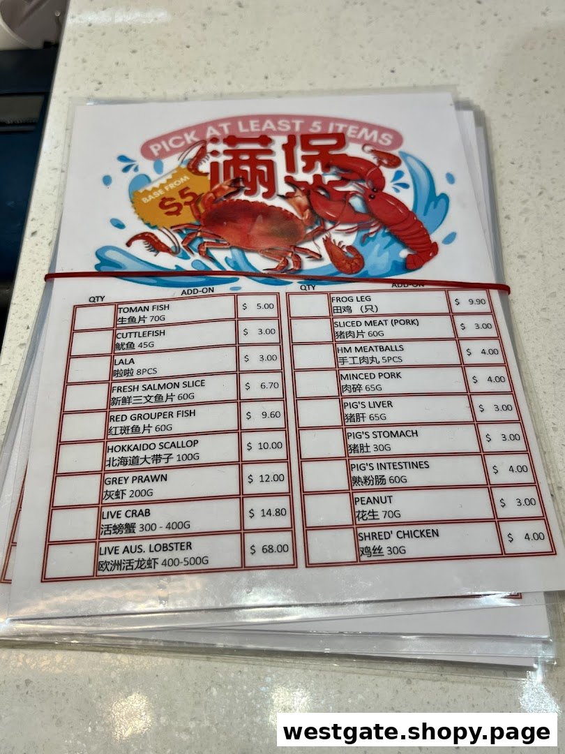 A close-up view of a menu displaying various add-on ingredients and their prices.
