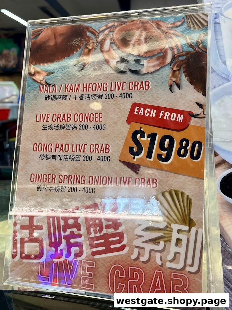 A menu board showcasing various live crab dishes with prices starting from $19.80.