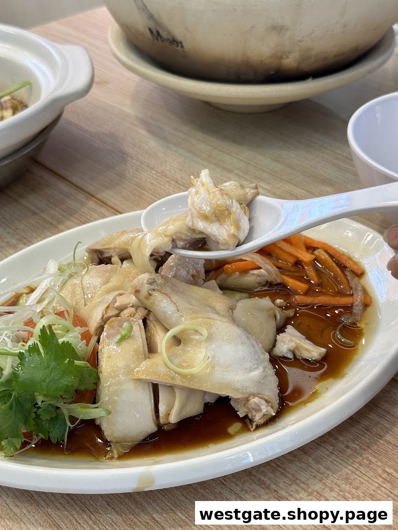 A close-up of tender poached chicken with savory sauce, carrots, and fresh herbs, ready to be enjoyed.