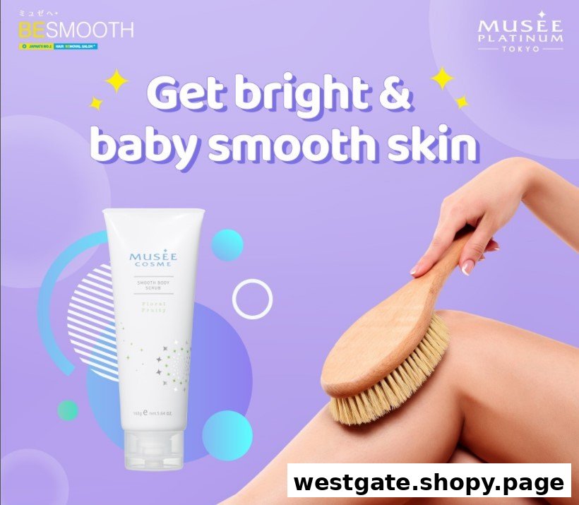 An advertisement for Musee Cosme Smooth Body Scrub, featuring the product and a person dry brushing their leg.