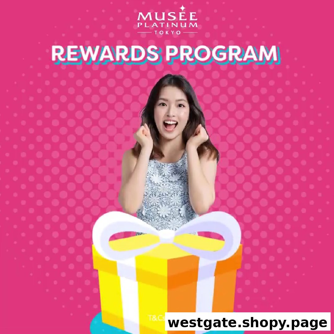 An excited woman with a gift box promoting Musee Platinum Tokyo's Rewards Program.