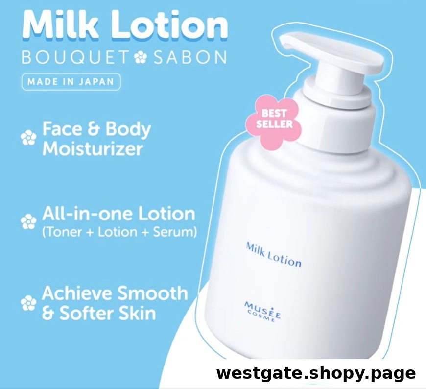 An image showcasing Musee Cosme's 'Milk Lotion' with its key benefits and 'Made in Japan' origin.