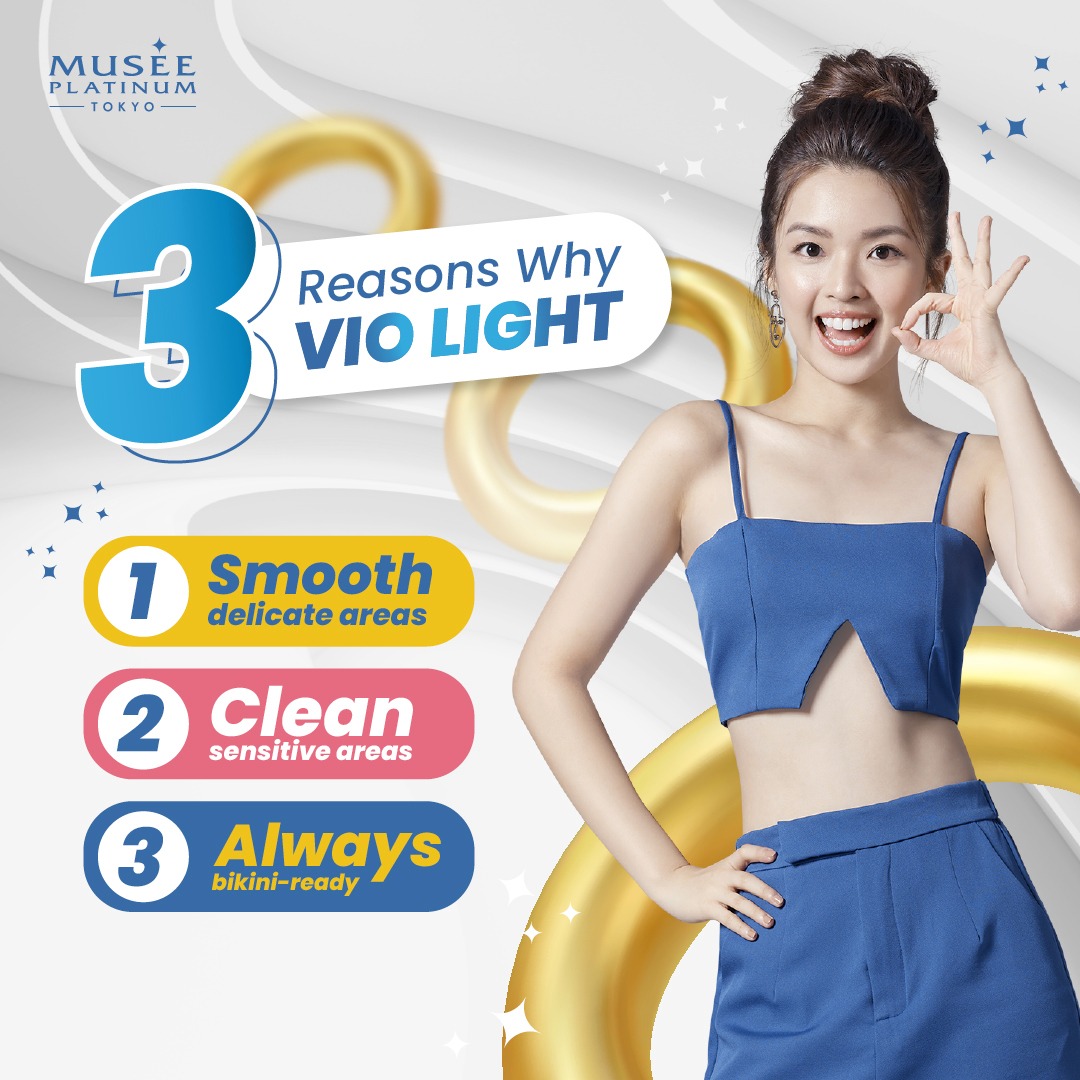 An advertisement for Musee Platinum Tokyo's VIO Light service, highlighting its three key benefits.
