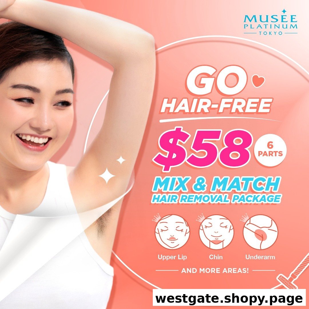 An advertisement for Musee Platinum Tokyo's $58 hair removal package, featuring a smiling woman.