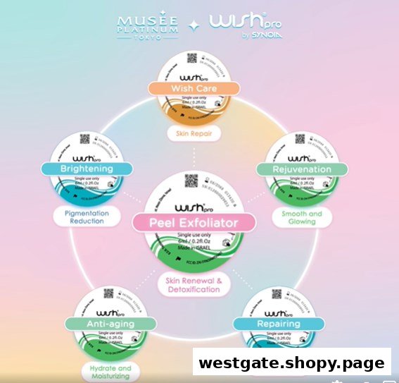 A diagram showcasing various Wishpro skincare treatments and their targeted benefits, offered by Musee Platinum Tokyo.