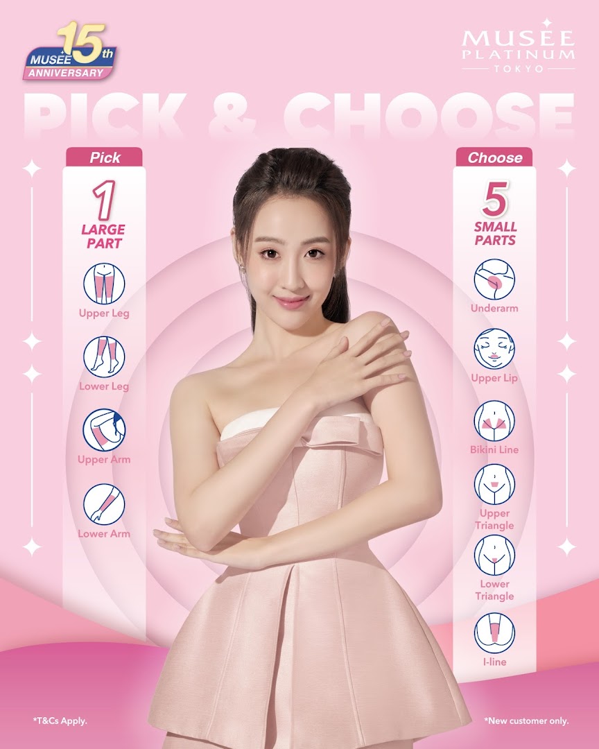 An advertisement for Musee Platinum Tokyo's 'Pick & Choose' hair removal offer, featuring a model and service options.