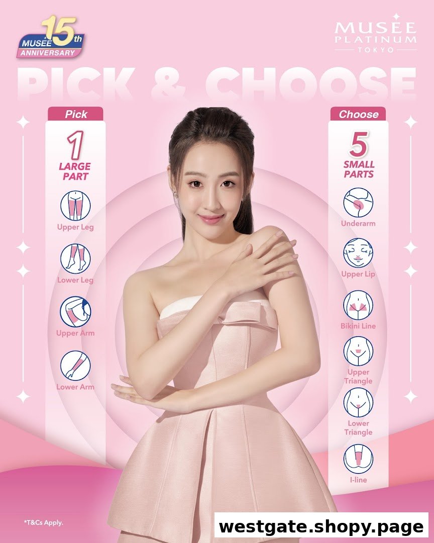 An advertisement for Musee Platinum Tokyo's 'Pick & Choose' hair removal offer, featuring a model and service options.
